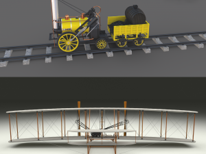 animated rocket locomotive and wright flyer pack 3D Model