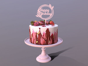 Elegant Hibiscus Strawberry Swirl Birthday Cake 3D Model